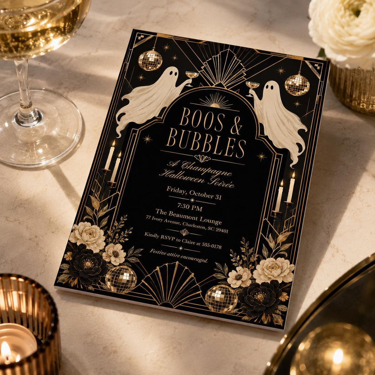 Gold and Black Boos and Bubbles Halloween Invitation — champagne design