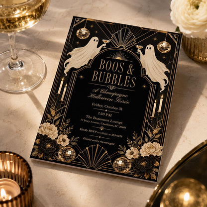 Gold and Black Boos and Bubbles Halloween Invitation — champagne design