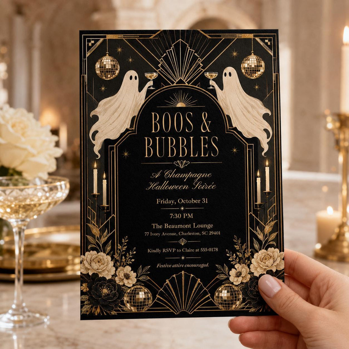 Gold and Black Boos and Bubbles Halloween Invitation — invitation you personalize in Canva