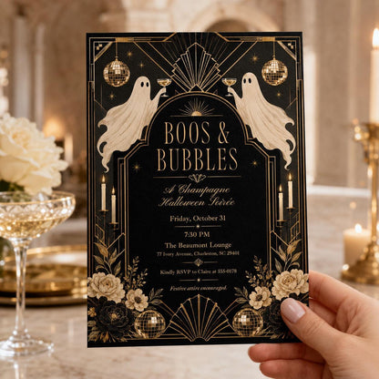 Gold and Black Boos and Bubbles Halloween Invitation — invitation you personalize in Canva