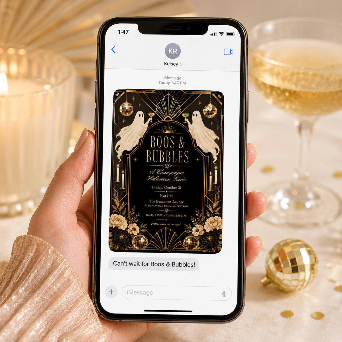 Gold and Black Boos and Bubbles Halloween Invitation — art deco Halloween party design