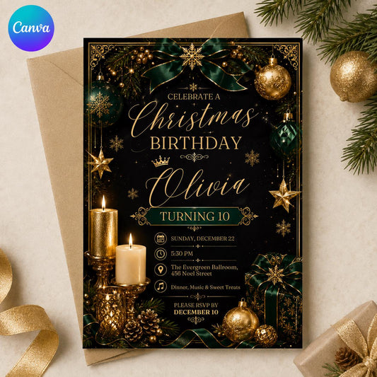 Gold and Black Christmas 10th Birthday Invitation for Girls — editable Canva template