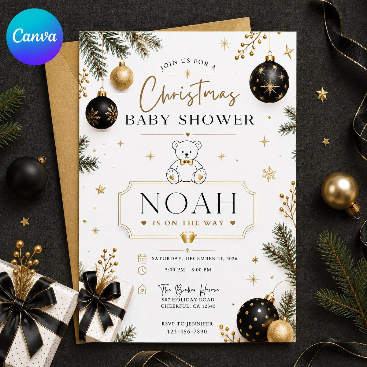 Gold and Black Christmas Baby Shower Invitation — editable Canva template
