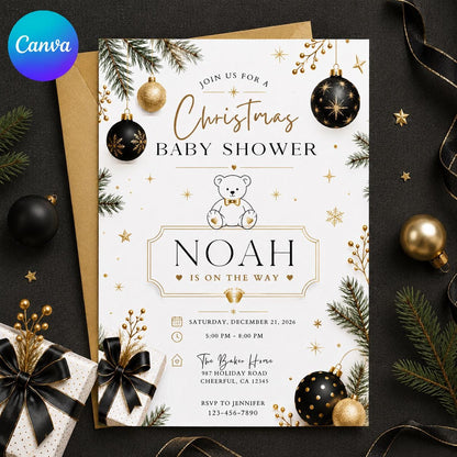 Gold and Black Christmas Baby Shower Invitation — editable Canva template