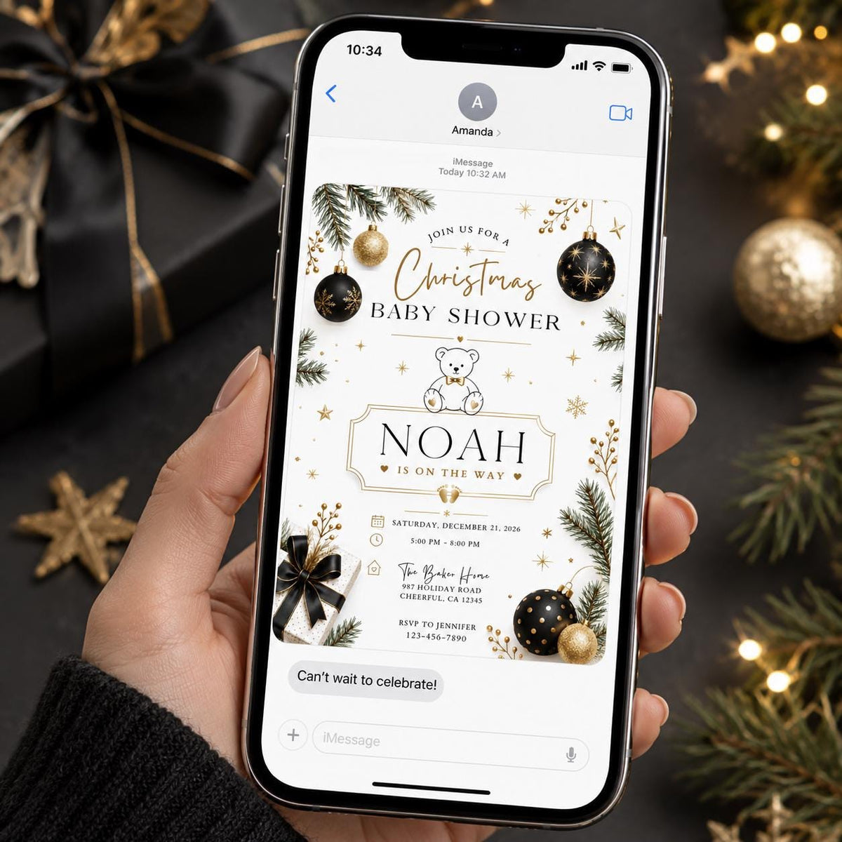 Gold and Black Christmas Baby Shower Invitation — teddy bear design