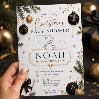 Gold and Black Christmas Baby Shower Invitation — invitation you personalize in Canva