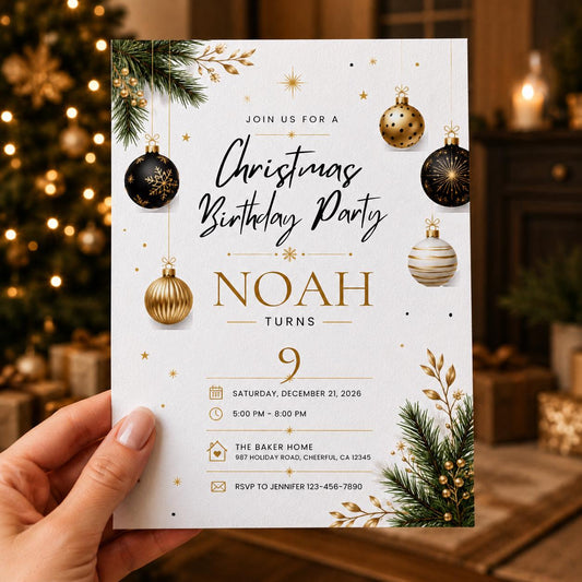 Gold and Black Christmas Birthday Invitation — editable Canva template