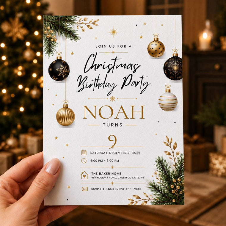 Gold and Black Christmas Birthday Invitation