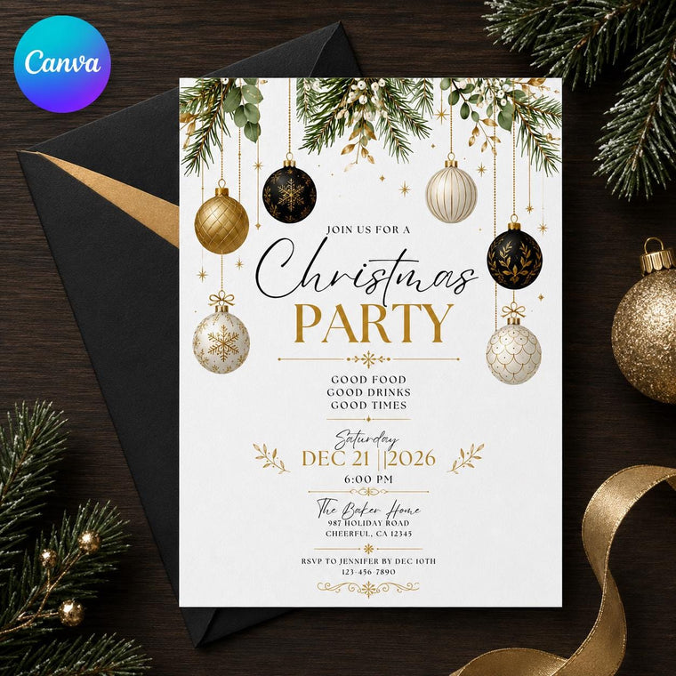 Gold and Black Christmas Party Invitation: Black Gold Ornament Holiday