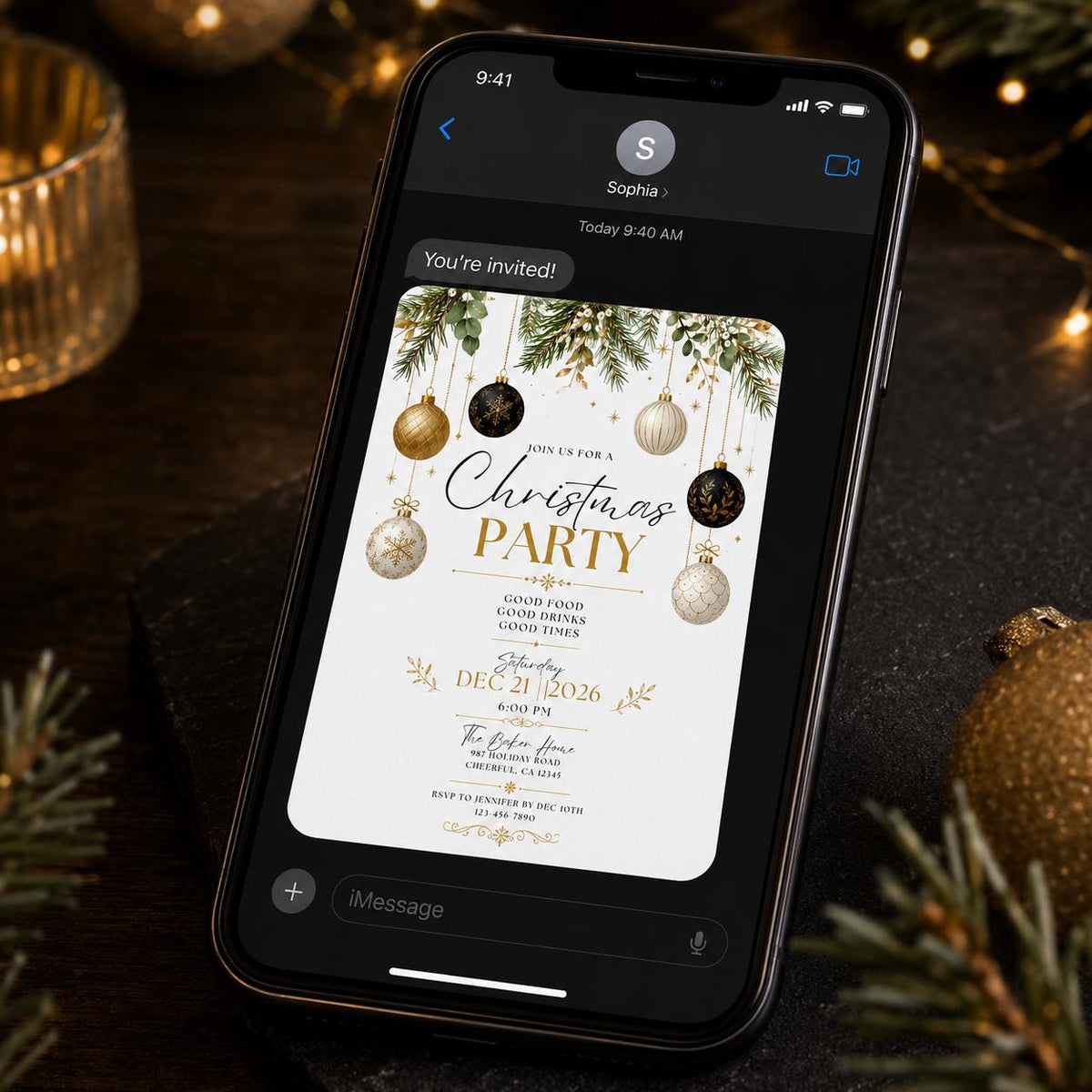 Gold and Black Christmas Party Invitation: Black Gold Ornament Holiday — invitation you personalize in Canva