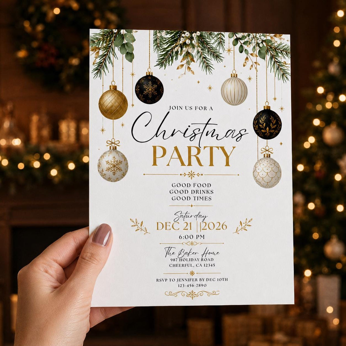 Gold and Black Christmas Party Invitation: Black Gold Ornament Holiday — elegant Christmas celebration design