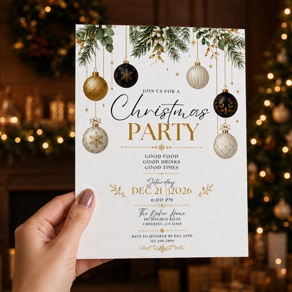Gold and Black Christmas Party Invitation: Black Gold Ornament Holiday — elegant Christmas celebration design