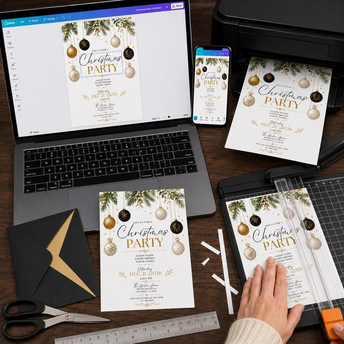 Gold and Black Christmas Party Invitation: Black Gold Ornament Holiday — print-ready Christmas celebration design from VoltBy