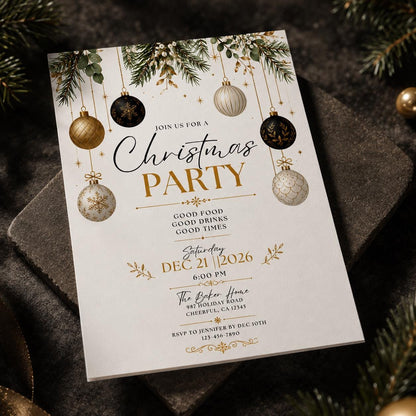 Gold and Black Christmas Party Invitation: Black Gold Ornament Holiday — digital invitation, instant download