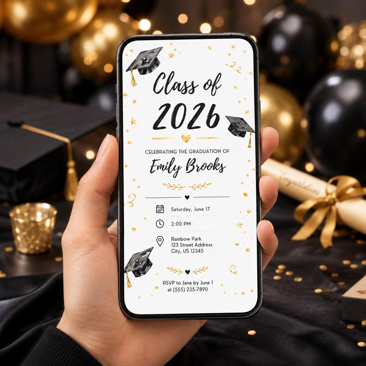 Gold and Black Class of 2026 Graduation Invitation — print-ready graduation party design from VoltBy