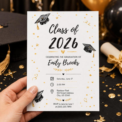 Gold and Black Class of 2026 Graduation Invitation — graduation party stationery by VoltBy