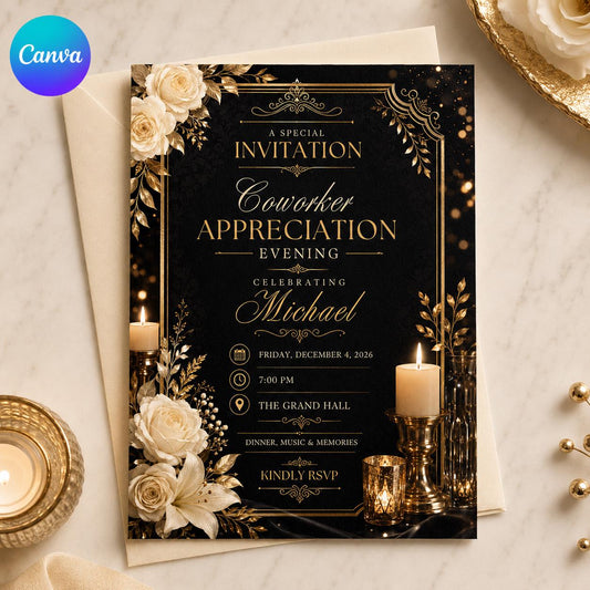 Gold and Black Coworker Appreciation Invitation — editable Canva template