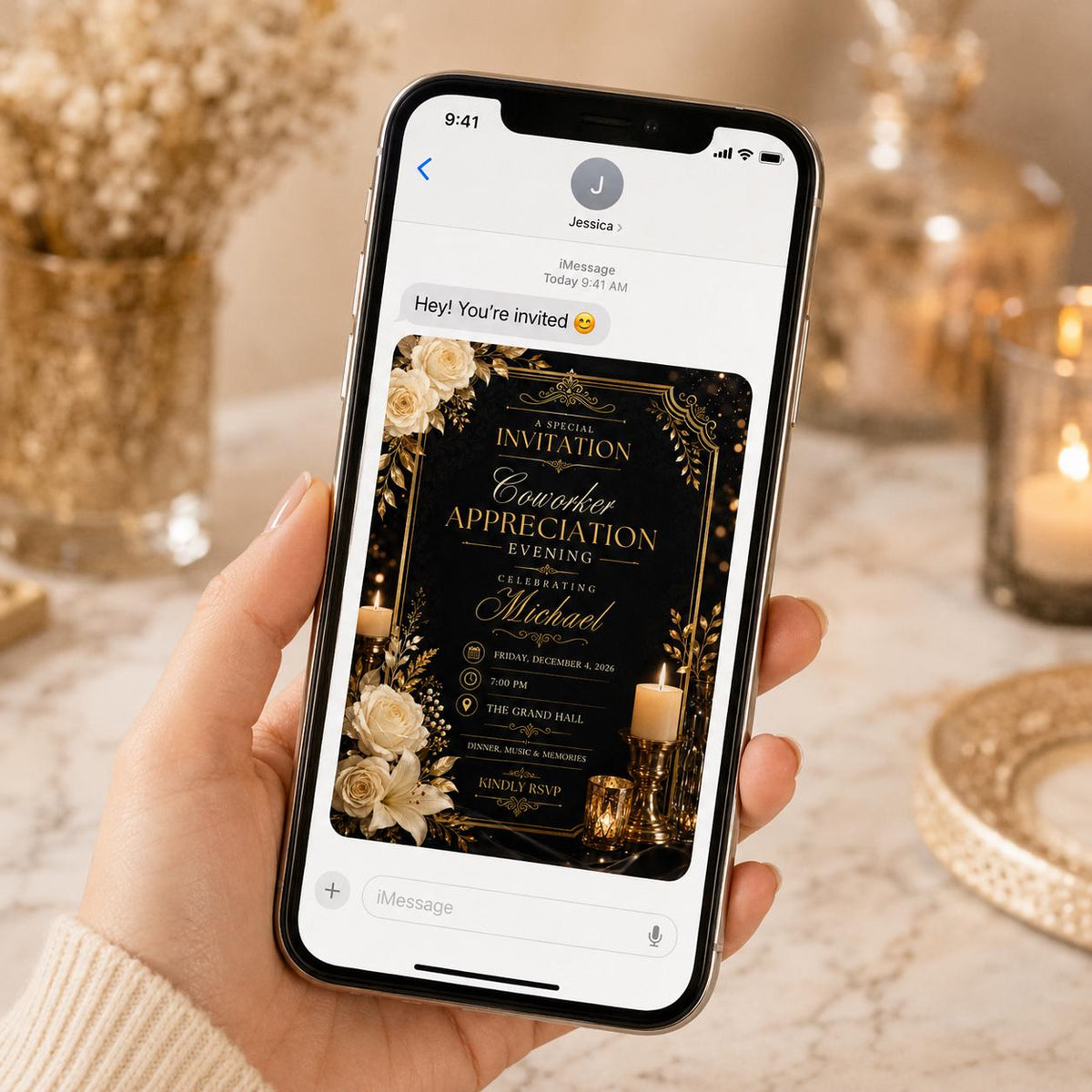 Gold and Black Coworker Appreciation Invitation — invitation you personalize in Canva