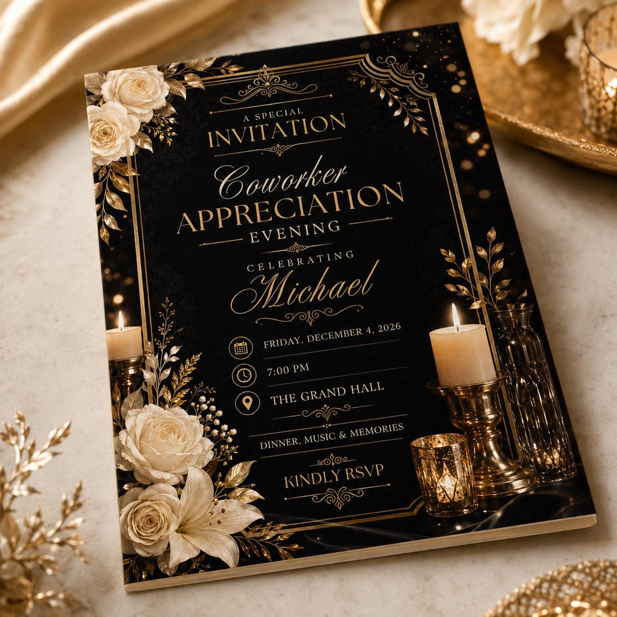 Gold and Black Coworker Appreciation Invitation — digital invitation, instant download