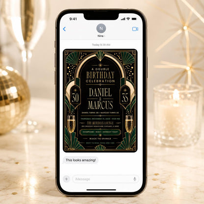 Gold and Black Double Birthday Invitation — champagne design