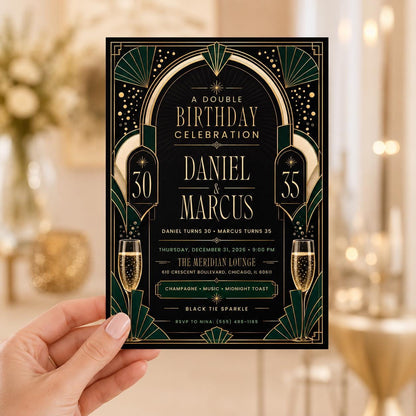 Gold and Black Double Birthday Invitation — invitation you personalize in Canva