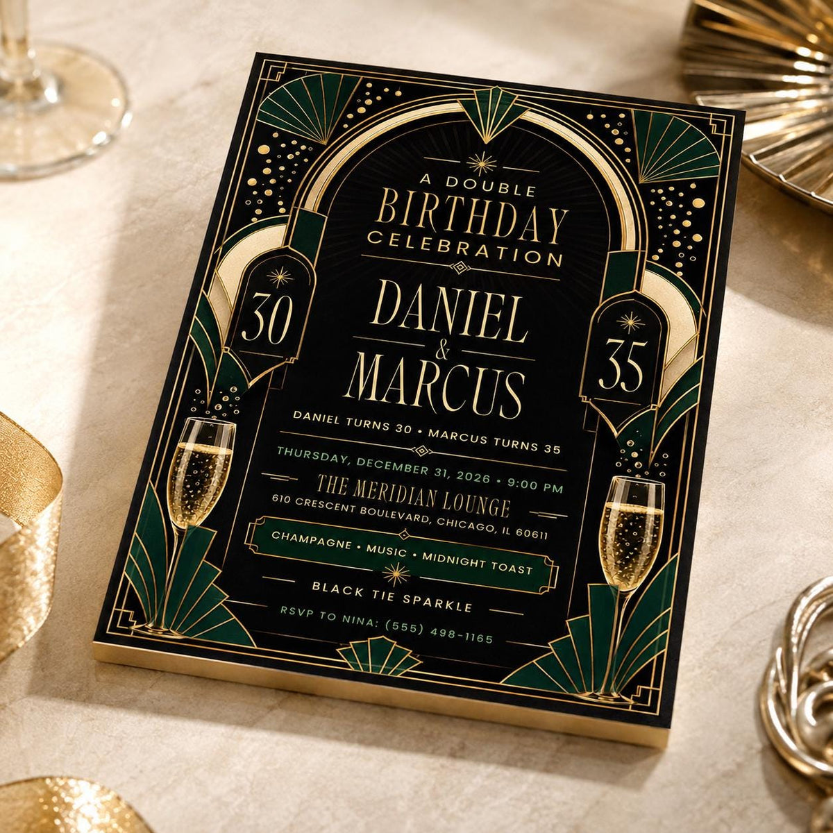 Gold and Black Double Birthday Invitation — print-ready 30th birthday party design from VoltBy