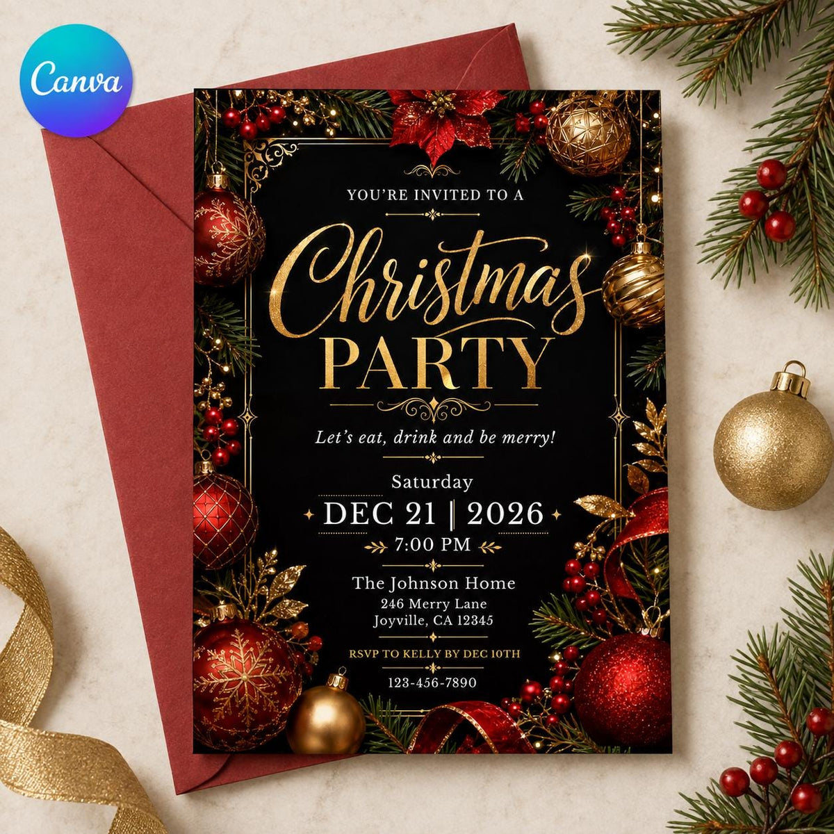 Gold and Black Elegant Christmas Party Invitation — editable Canva template