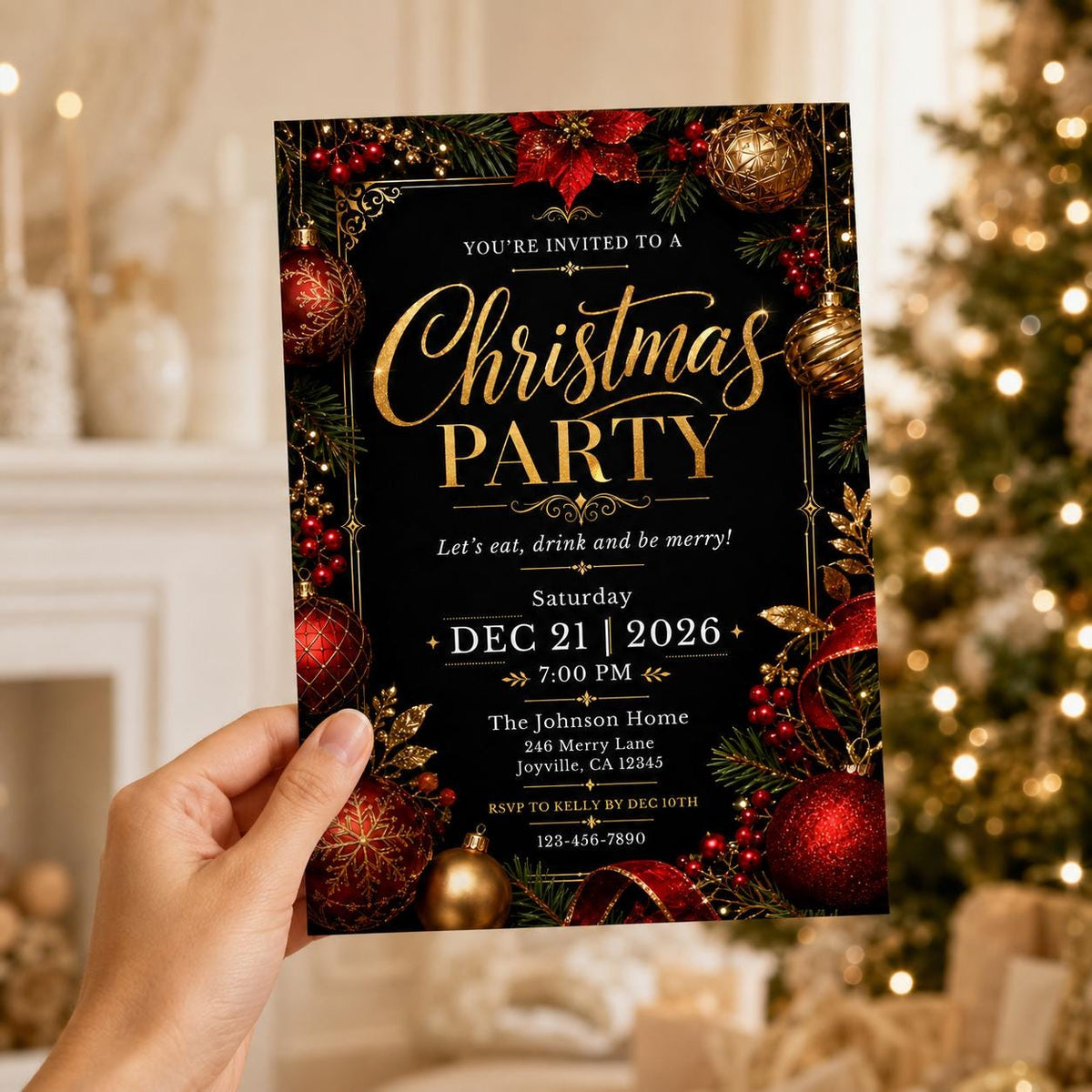 Gold and Black Elegant Christmas Party Invitation — invitation you personalize in Canva