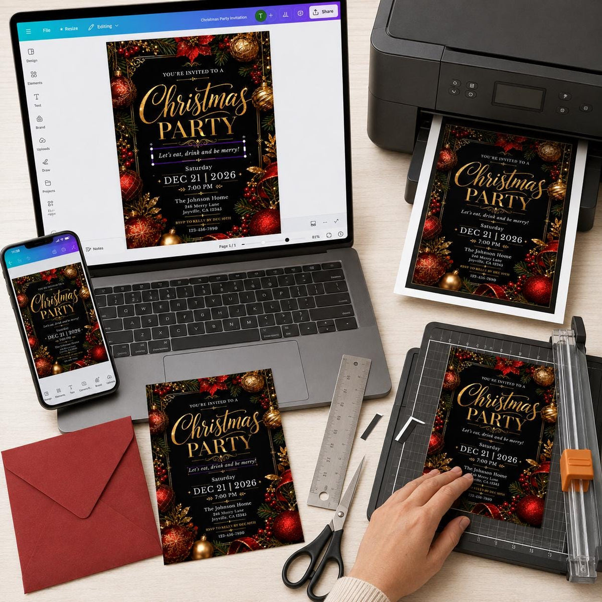 Gold and Black Elegant Christmas Party Invitation — print-ready Christmas celebration design from VoltBy