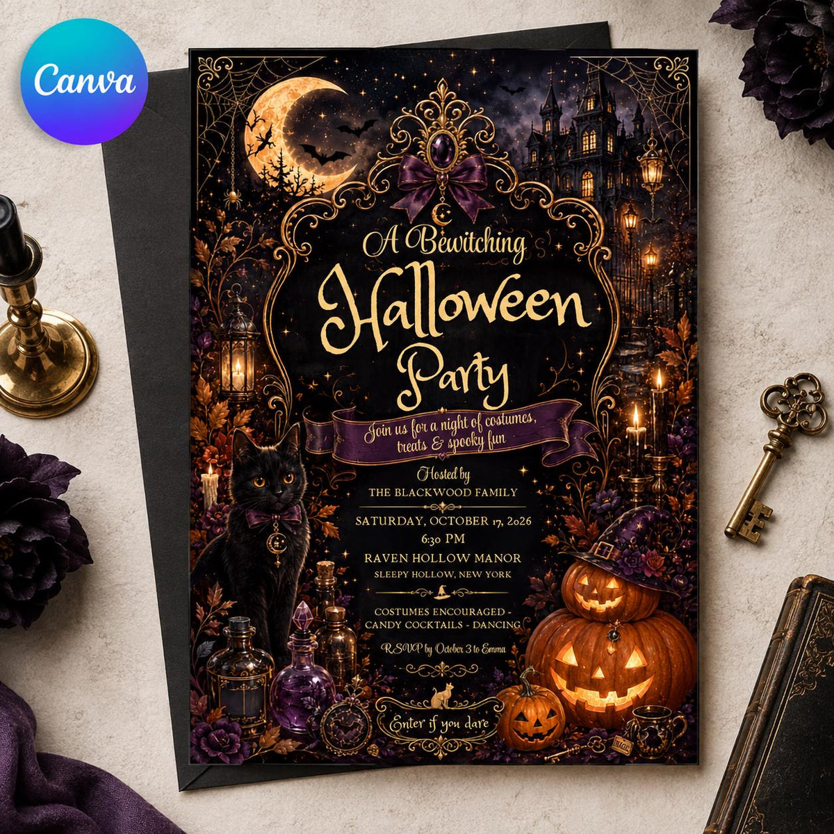 Gold and Black Elegant Halloween Party Invitation — editable Canva template