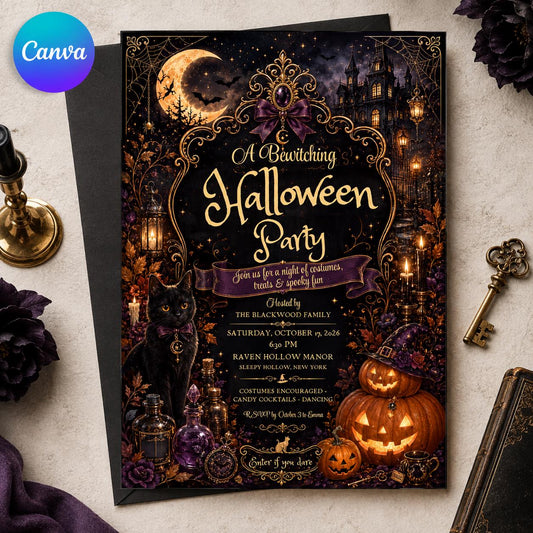 Gold and Black Elegant Halloween Party Invitation — editable Canva template