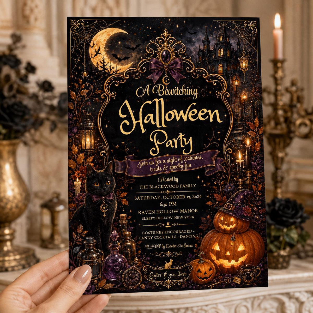 Gold and Black Elegant Halloween Party Invitation — haunted house design