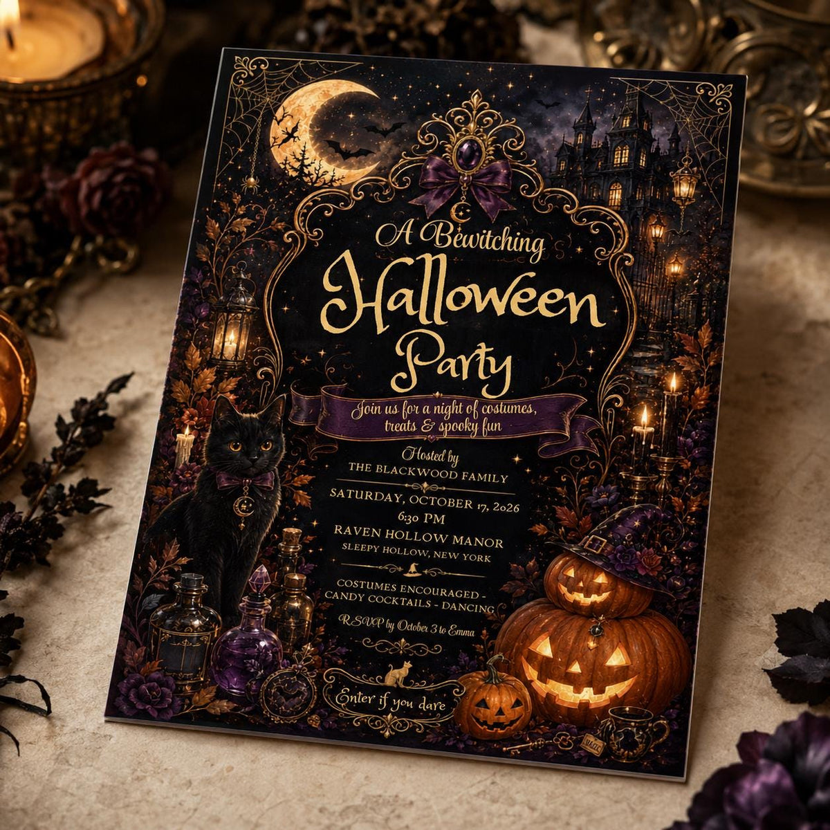 Gold and Black Elegant Halloween Party Invitation — print-ready Halloween party design from VoltBy