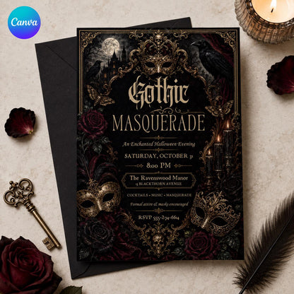 Gold and Black Gothic Masquerade Invitation — editable Canva template