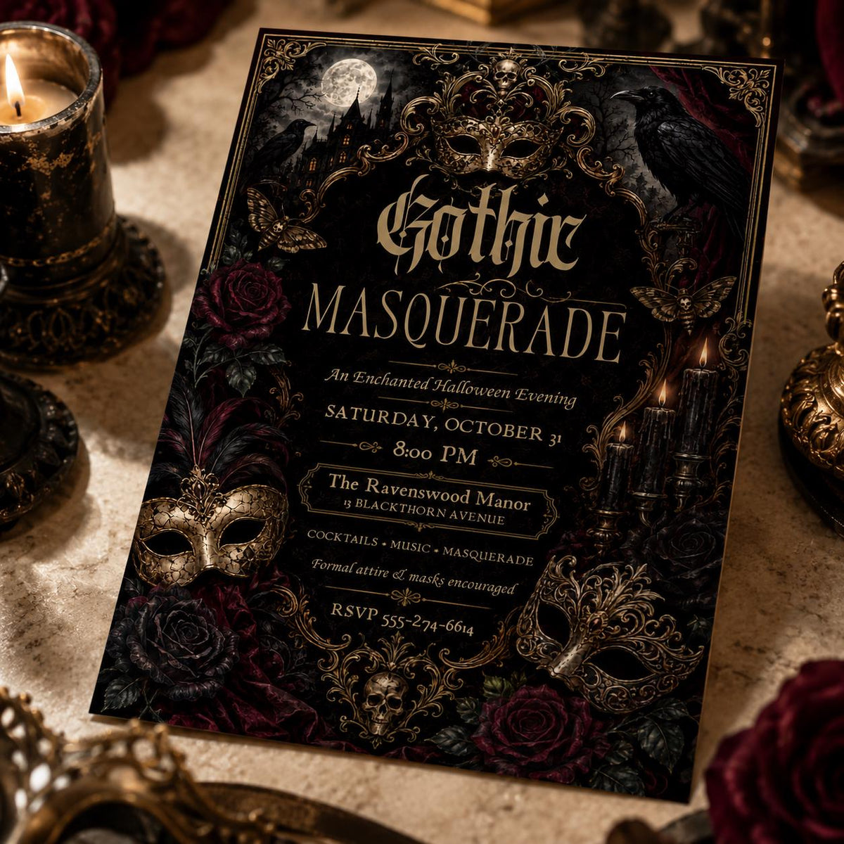 Gold and Black Gothic Masquerade Invitation — print-ready Halloween party design from VoltBy