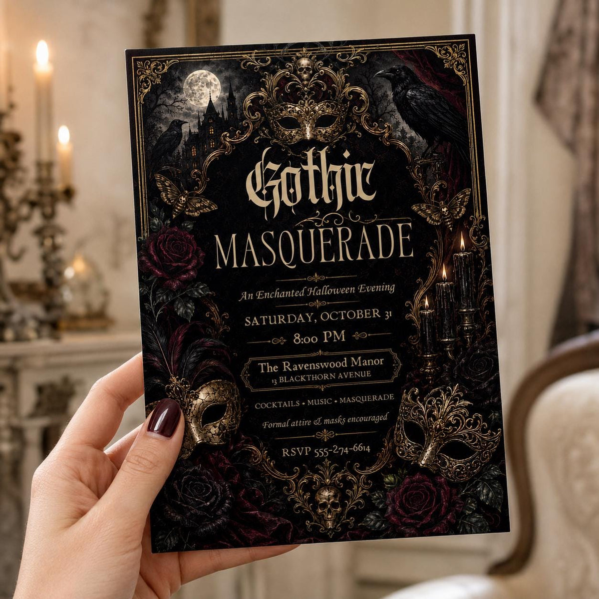 Gold and Black Gothic Masquerade Invitation — digital invitation, instant download
