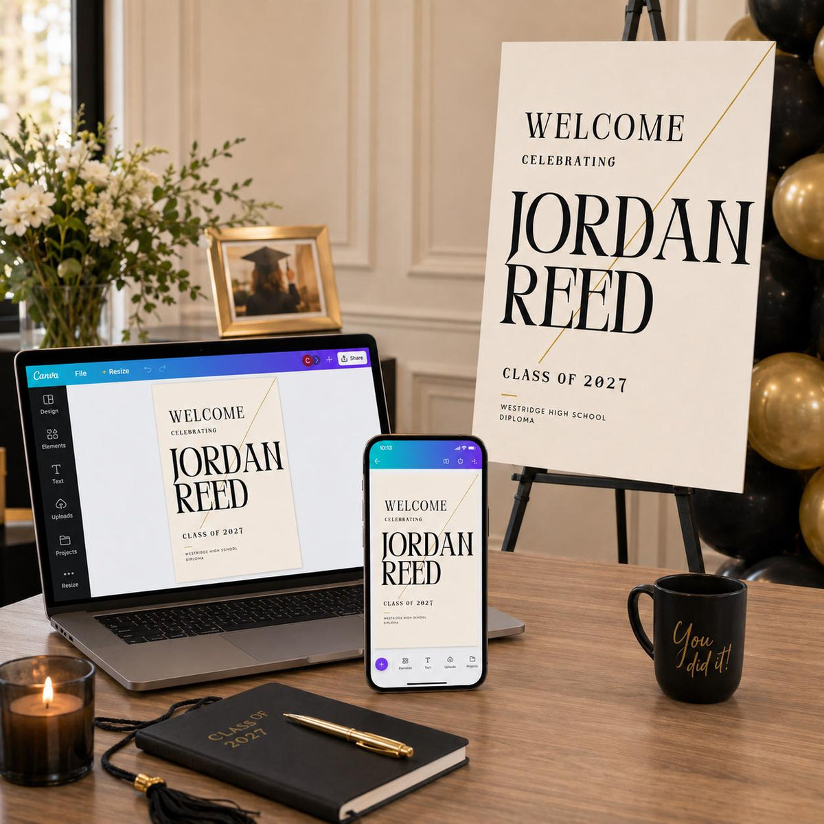 Gold and Black Graduation Welcome Sign — welcome sign you personalize in Canva