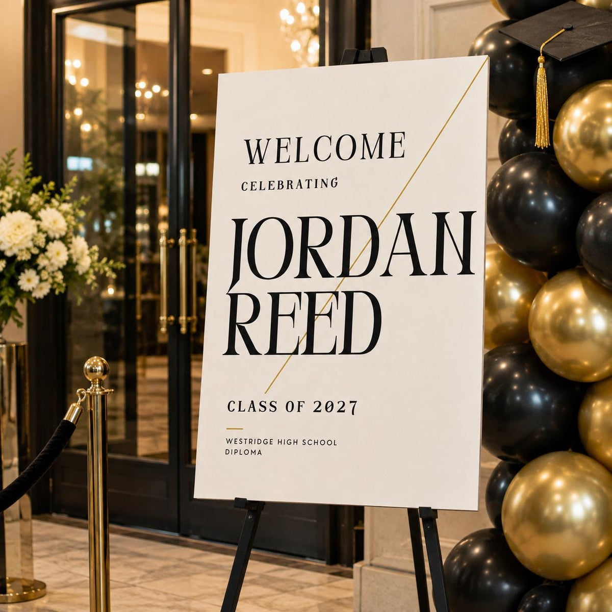 Gold and Black Graduation Welcome Sign — minimalist graduation party design