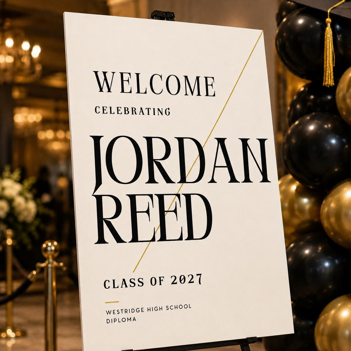 Gold and Black Graduation Welcome Sign — print-ready graduation party design from VoltBy