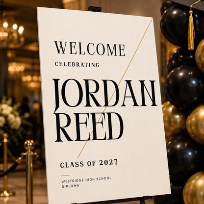 Gold and Black Graduation Welcome Sign — print-ready graduation party design from VoltBy