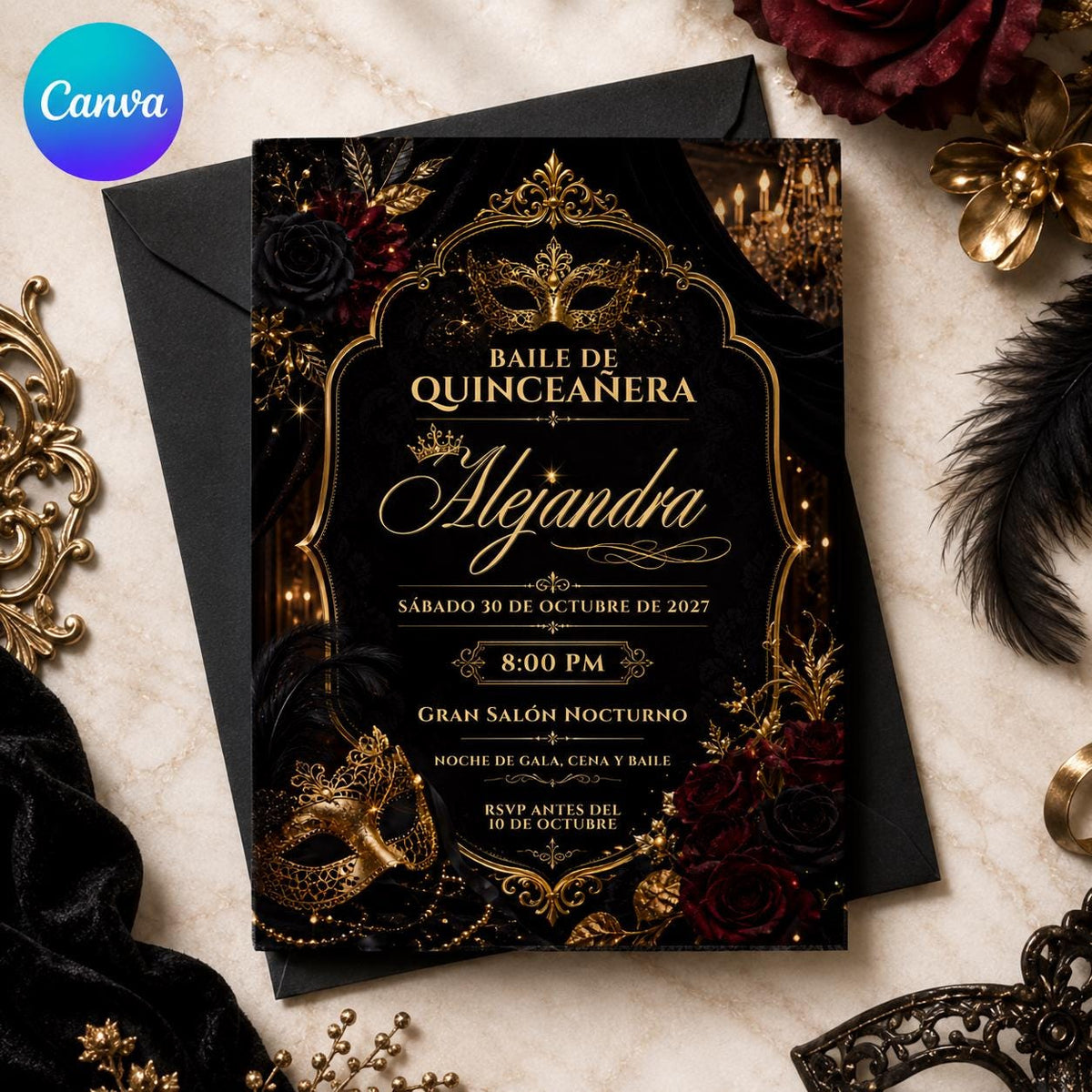 Gold and Black Masquerade Quinceanera Invitation — editable Canva template