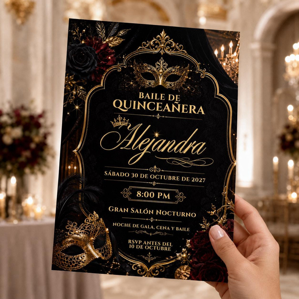 Gold and Black Masquerade Quinceanera Invitation — gothic quinceañera design