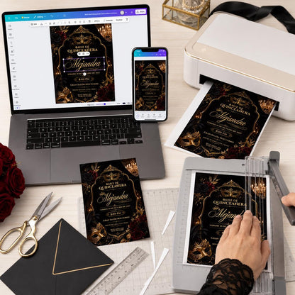 Gold and Black Masquerade Quinceanera Invitation — print-ready quinceañera design from VoltBy