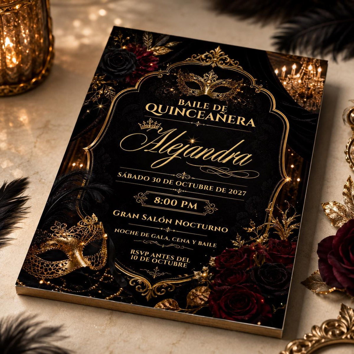 Gold and Black Masquerade Quinceanera Invitation — digital invitation, instant download