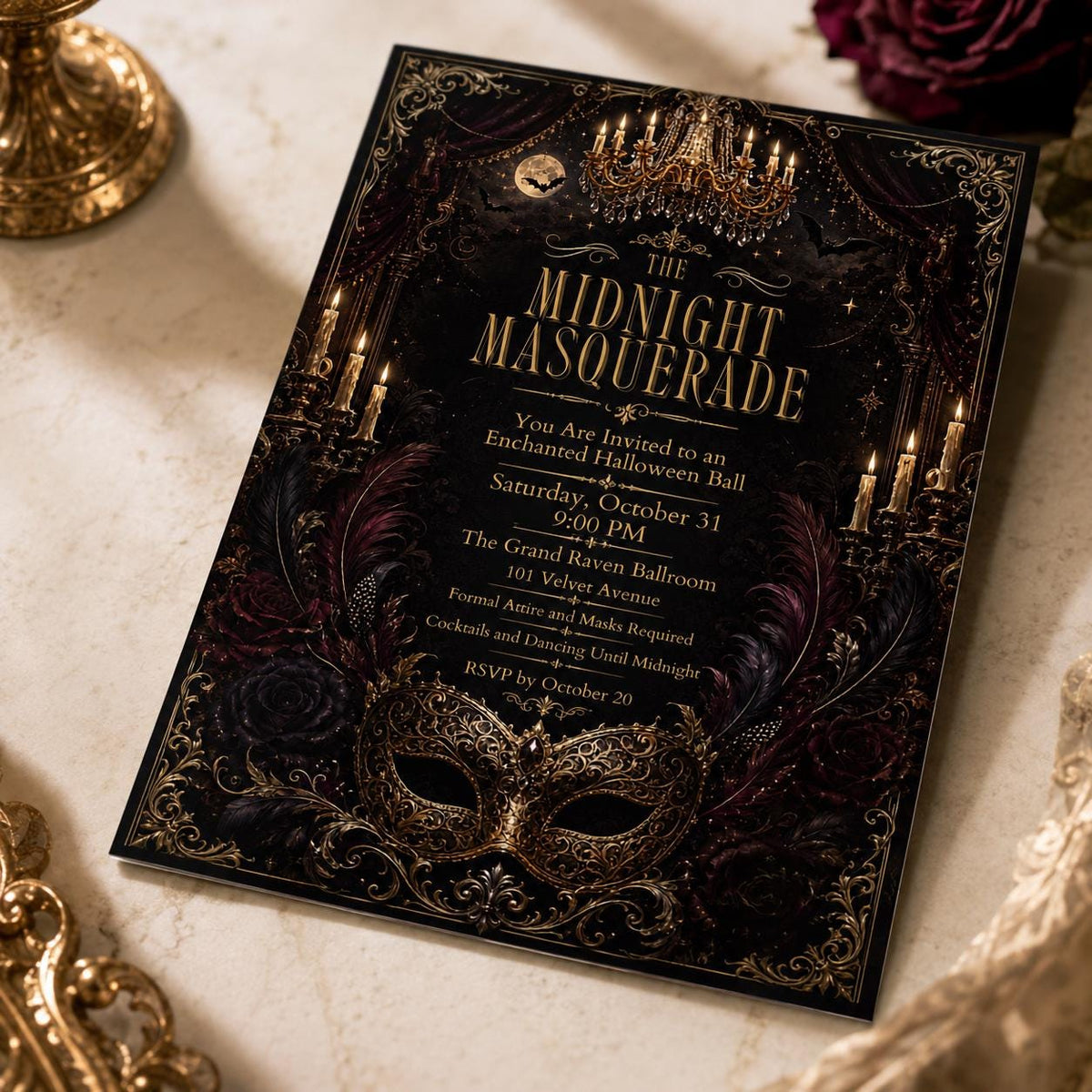 Gold and Black Midnight Masquerade Invitation: Gothic Halloween Ball — invitation you personalize in Canva