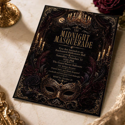 Gold and Black Midnight Masquerade Invitation: Gothic Halloween Ball — invitation you personalize in Canva