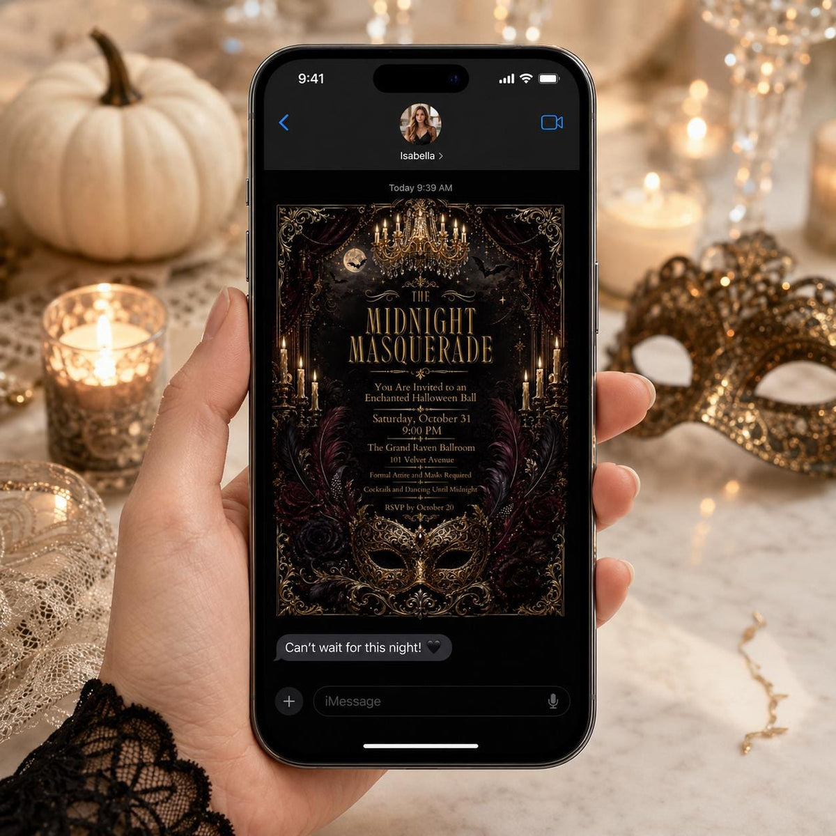 Gold and Black Midnight Masquerade Invitation: Gothic Halloween Ball — elegant Halloween party design