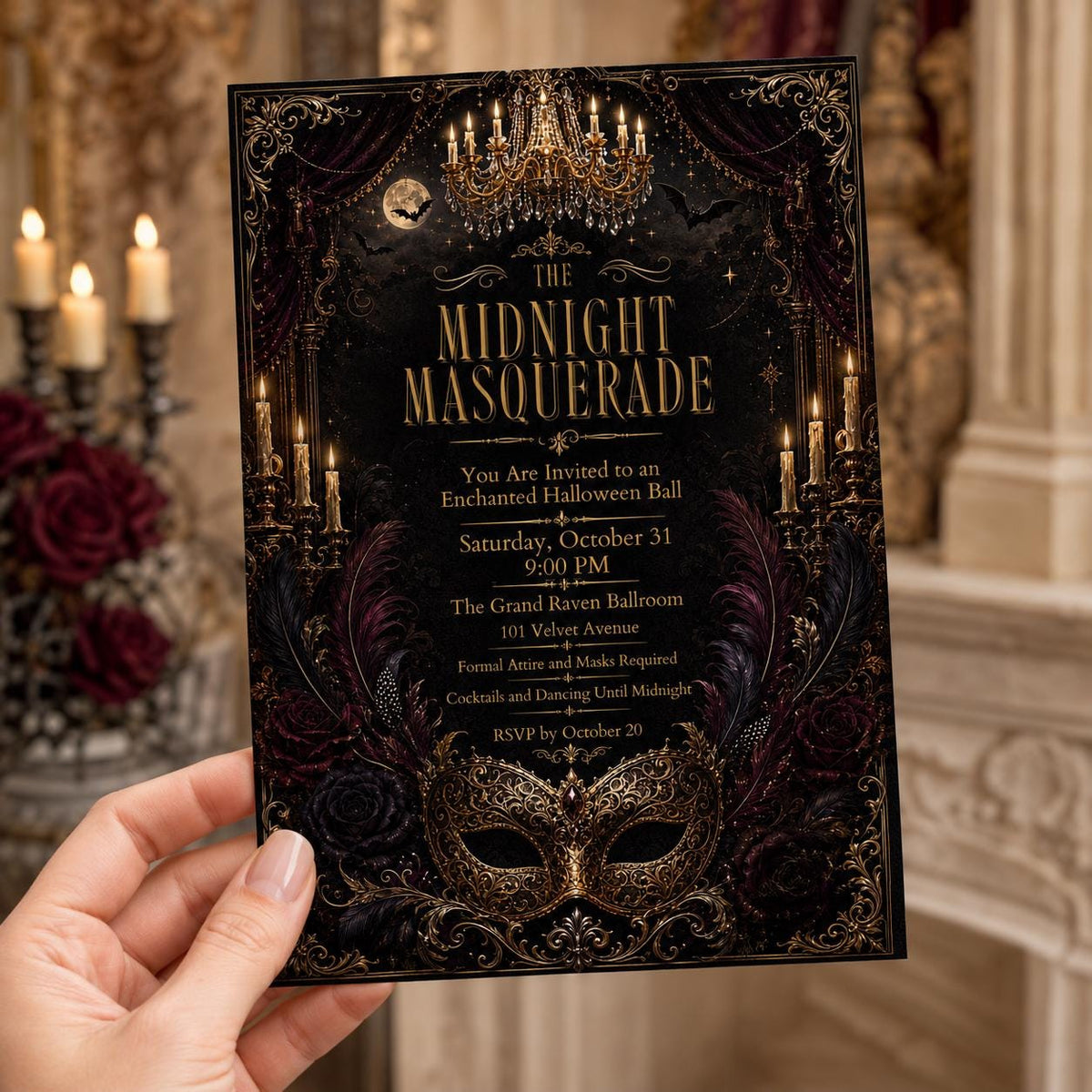 Gold and Black Midnight Masquerade Invitation: Gothic Halloween Ball — print-ready Halloween party design from VoltBy