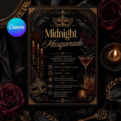 Gold and Black Midnight Masquerade Invitation: Gothic Halloween Costume Party — editable Canva template