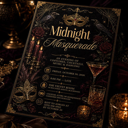 Gold and Black Midnight Masquerade Invitation: Gothic Halloween Costume Party — invitation you personalize in Canva